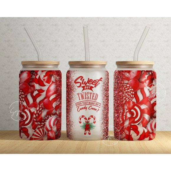 Christmas Candy Cane Sweet But Twisted, 16oz Libbey Can Tumbler Clear or Frosted - Picture 1 of 3